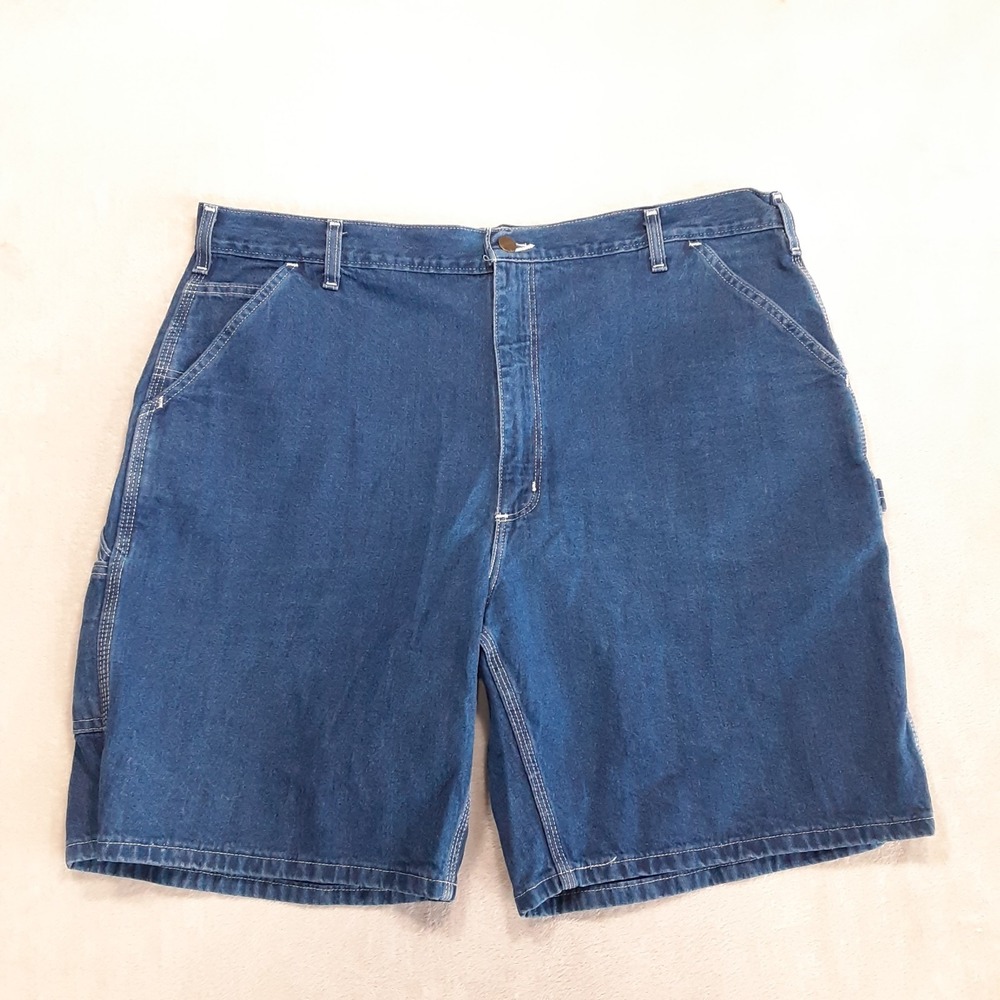 Vintage Carhartt B28-DST Denim Carpenter Shorts 42 Blue 9" Inseam Leather Logo